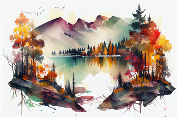 Mountains, forests, and a lake are shown in a watercolor scene, Autumnal landscape, generative ai