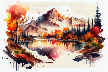 Mountains, forests, and a lake are shown in a watercolor scene, Autumnal landscape, generative ai