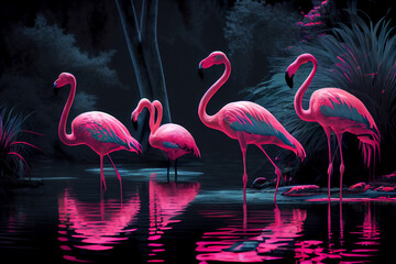 Pink flamingos pond decor, wall art generative ai