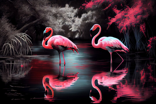 Pink flamingos pond decor, wall art generative ai