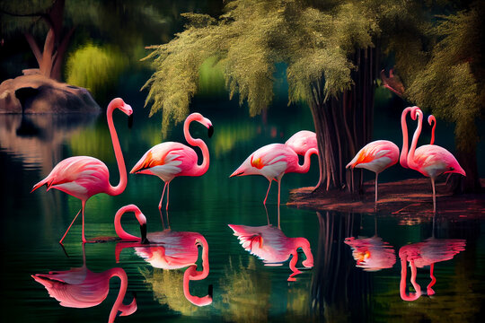 Pink flamingos pond decor, wall art generative ai