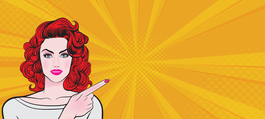 Fototapeta premium Pop art surprised female face. Comic woman young in glasses with! speech illustration vector.