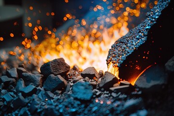 Closeup of a forge with embers and sparks. - obrazy, fototapety, plakaty