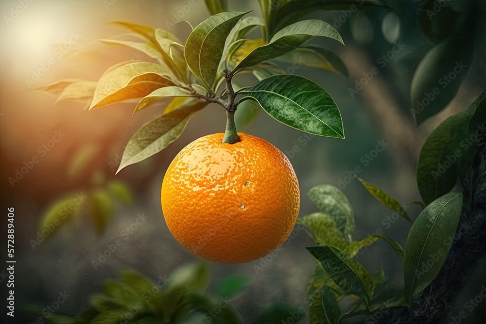 Poster natural setting with an orange on a tree. generative ai