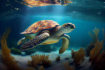 Obraz premium Colorful illustration of a sea turtle swimming over coral reefs, Underwater sea turtle strange marine animal underwater turtle, generative ai,