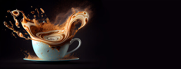 Aromatic coffee splashing in a Cappuccino cup, abstract background, generative ai