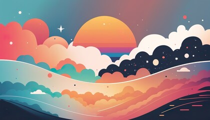 Landscape with clouds and sun - vector illustration. Generative AI 