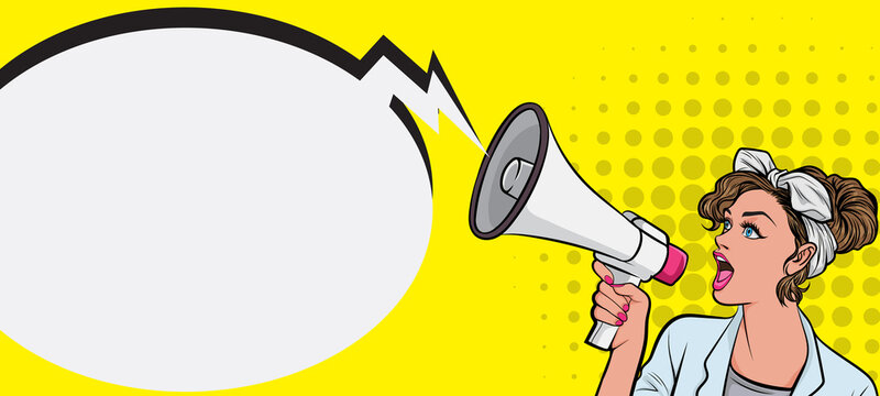 a55 [Convertebeautiful woman with megaphone pop art retro vector illustration. Woman with loudspeaker. Female announcing discount or sale. Special offer, shopping time, protest or meetind] [Recovered]
