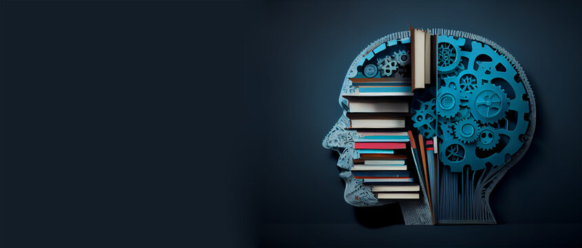 Concept of education and success. Online education, is a new idea. Collage with a brain, gears, and book. book of knowledge lightbulb brain, generative ai