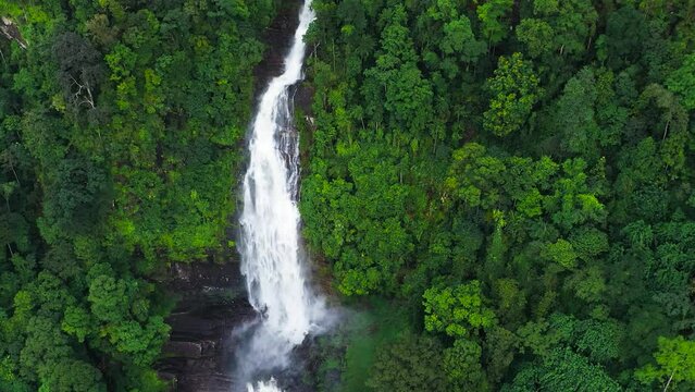 Beautiful waterfall in the rainforest. Mapalana Falls in the tropical mountain jungle. Sri Lanka.