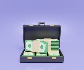 3d stack of banknote in open black suitcase. isolated on purple background. business money finance concept.