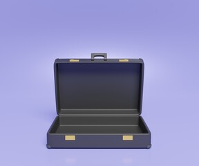 3d stack of gold coin or banknote in open black suitcase. isolated on purple background. business money finance concept.
