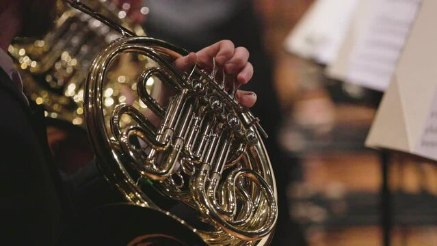 A musician playing a shiny French horn during a symphony orchestra concert