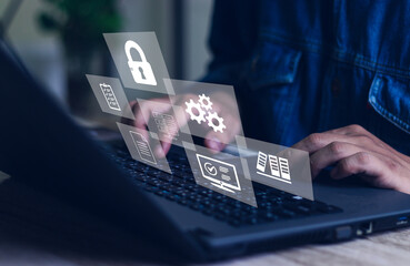 ERP is a concept for document management that has icons on a virtual screen.