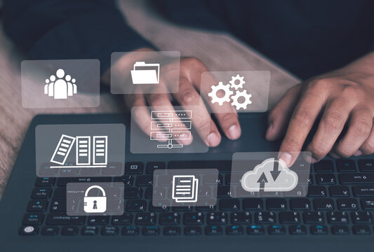 Document management on a laptop. Online documentation database and digital file storage and retrieval solution for software. The management of company resources.