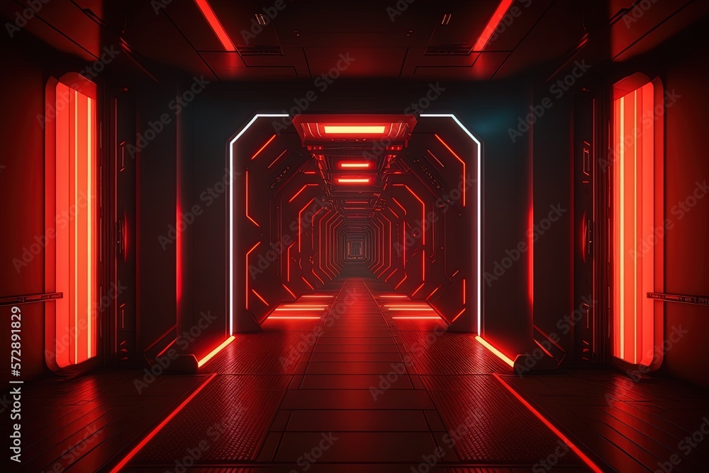 Poster cyberpunk spaceship illustration of an abstract backdrop using a darkened hallway, a stage, and a re