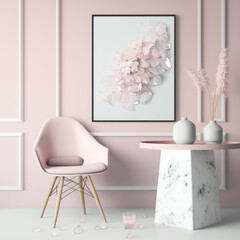 Frame poster mockup in home interior, soft pink petals and crystal ice AI Generaion.