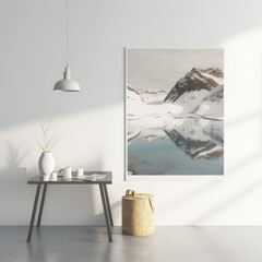 Frame poster mockup in home interior, snow-covered mountain peak with a majestic view AI Generaion.