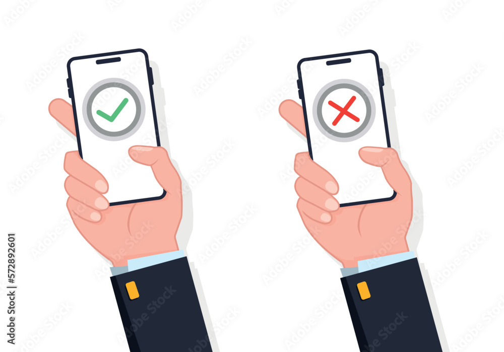 Poster hands holding smartphones with checkmarks set. tick and cross check marks. vector stock illustration