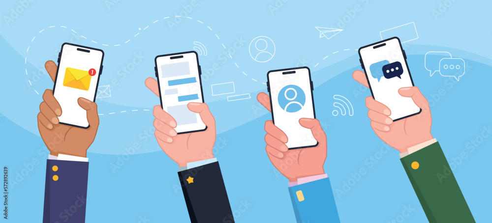 Poster Notification message concept SMS bubble on the screen People chatting concept People holding a phone receive and send a message. Receive notifications On a blue background Colorful. Vector 10 eps.