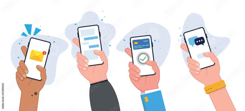 Poster new chat messages notification on mobile phone. sms bubbles on cellphone screen. people chatting. ve