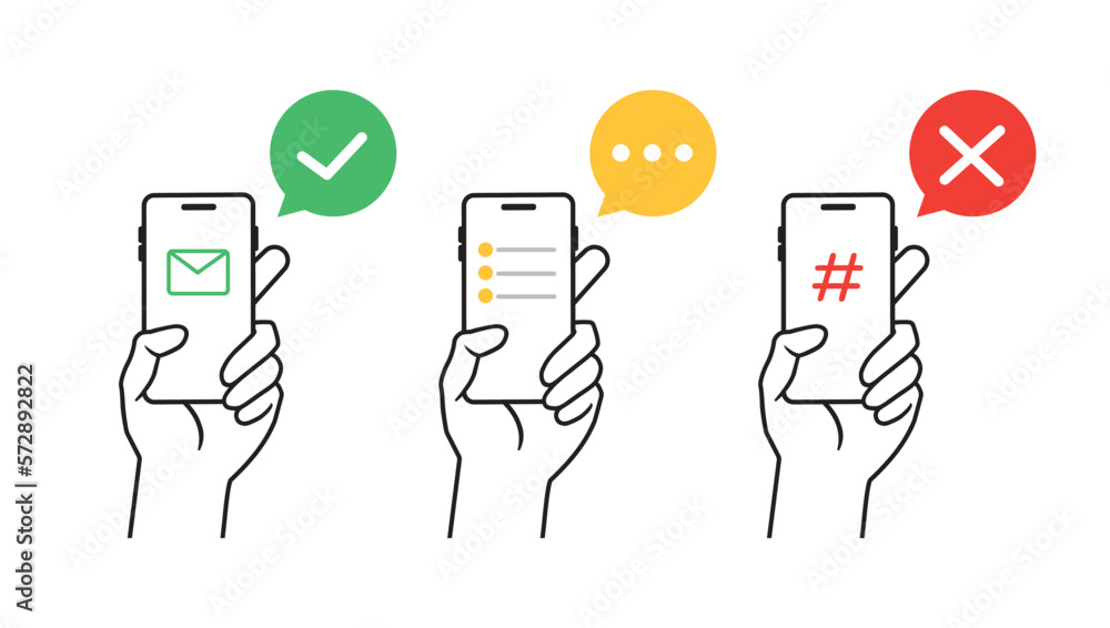 Poster Notification message concept SMS bubble on the screen People chatting concept People holding a phone receive and send a message. Receive notifications On a white background line Vector Illustration.