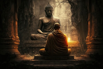 The way of Buddha. Photo-realistic illustration of a buddha sculpture, wallpaper, generative AI - obrazy, fototapety, plakaty