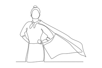 Continuous single one line drawing of standing business super hero woman. Vector illustration concept of power employee, success achievement, business hero leader.