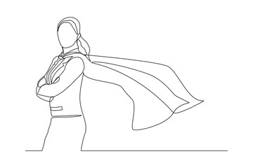 Continuous single one line drawing of standing business super hero woman. Vector illustration concept of power employee, success achievement, business hero leader.