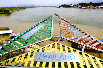 Golden Triangle sign on Mekong river between three countries: Thailand, Myanmar and Laos. 