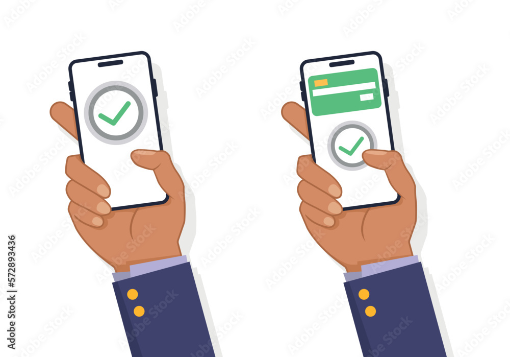Poster hand holding smartphone with online payment system in a flat design. vector 10 eps.