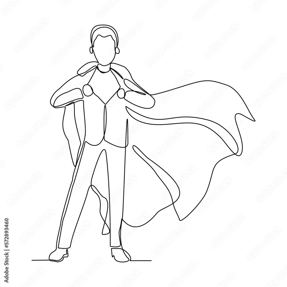 Wall mural continuous single one line drawing of standing business super hero man. vector illustration concept 