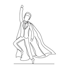 Continuous single one line drawing of standing business super hero man. Vector illustration concept of power employee, success achievement, business hero leader.