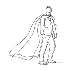 Continuous single one line drawing of standing business super hero man. Vector illustration concept of power employee, success achievement, business hero leader.