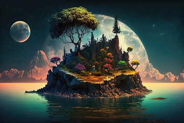 colorful fantasy small island with the moon bright, generative AI.
