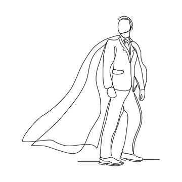 recommend clip art: Continuous single one line drawing of standing business super hero man. Vector illustration concept of power employee, success achievement, business hero leader.