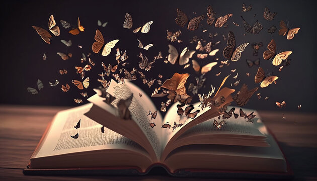 A book with butterflies flying out of it, World Book Day concept, Generative ai