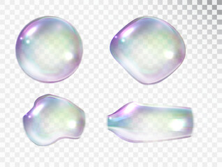 Transparent realistic colorful soap bubbles shapes set isolated on a light background. Water spheres with air, soapy balloons, lather, suds, soapsuds