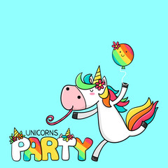 Illustration of a unicorn ready for a birthday party blowing a noisemaker and a handmade text with the words Unicorn party. Unicorn party. vector illustration