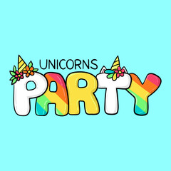 Illustration of a hand drawn text with the words Unicorn Party. Unicorn party. vector illustration