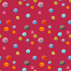 Seamless pattern bright dots painted in watercolor on a Viva Magenta background. For fabric, sketchbook, wallpaper, wrapping paper.