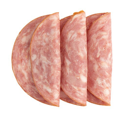 ham slices isolated on white background, three pieces of sliced sausage laid out to create layout