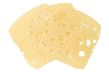 slices of cheese isolated on white background, pieces of sliced gouda cheese laid out to create layout