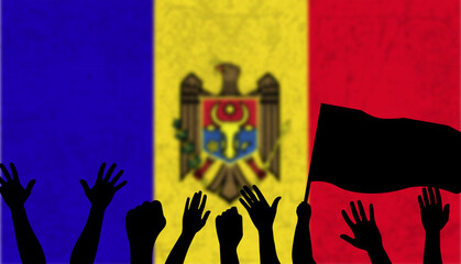 Winning or championship of Moldova country, celebrating concept, fans silhouette with flag