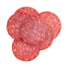 pieces of sliced salami sausage laid out to create layout, pile of salami sausage slices isolated on white background