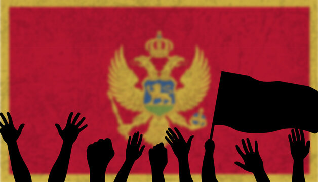 Winning or championship of Montenegro country, celebrating concept, fans silhouette with flag