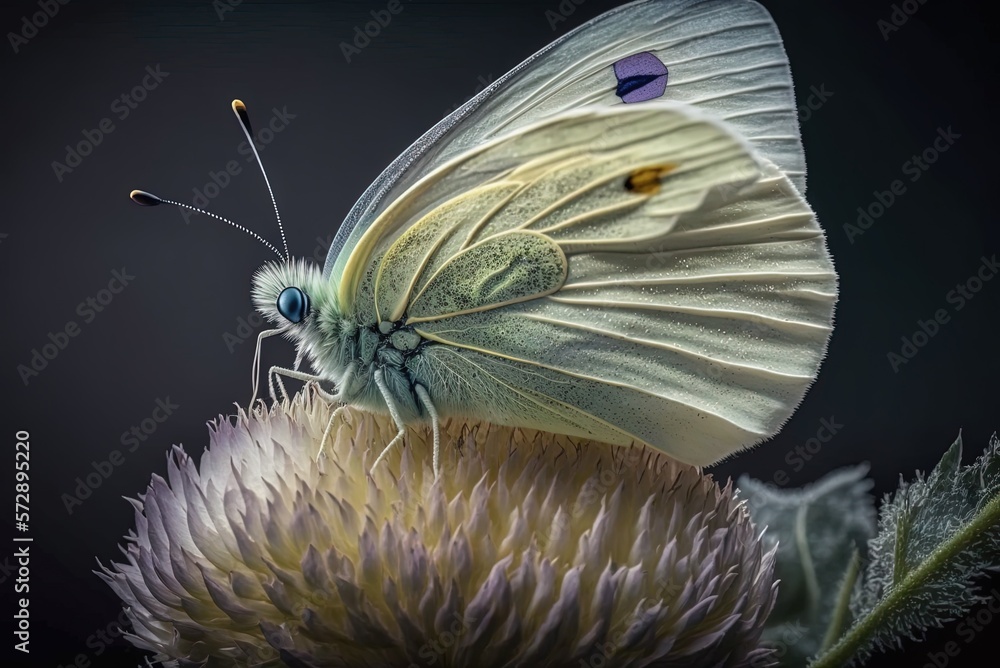 Poster cabbage butterfly in macro perched on a withering blossom. generative ai