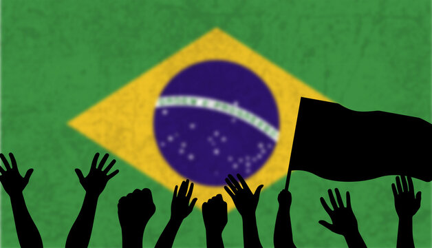 Winning or championship of Brazil country, celebrating concept, fans silhouette with flag