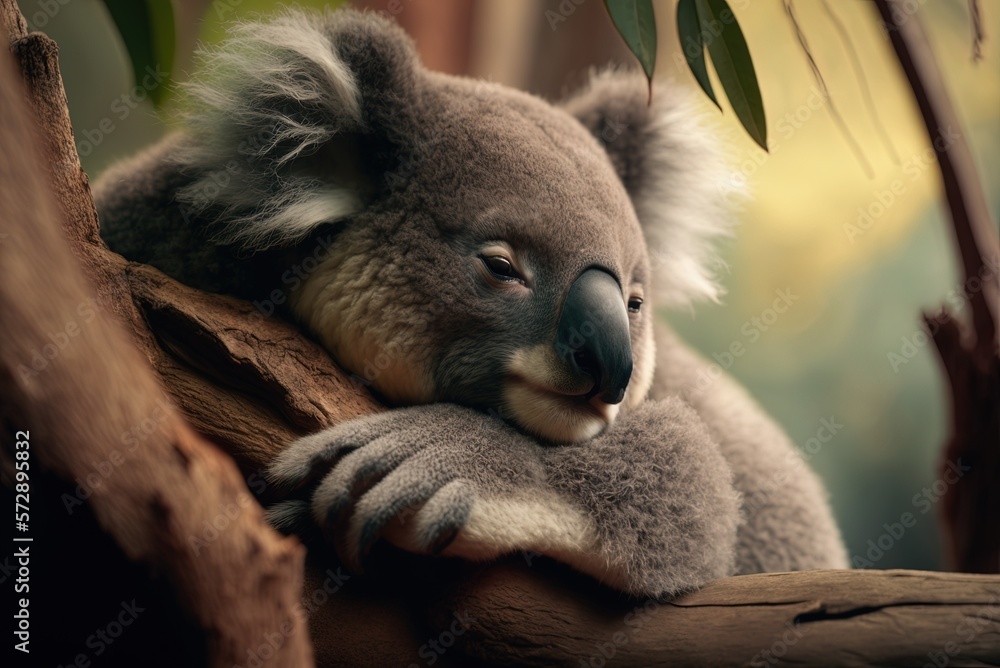 Poster Shot from close range with a short depth of field, showing a snoozing koala on a tree limb. Generative AI