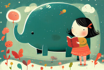 Minimalist childbook illustration girl reading book with elephant.